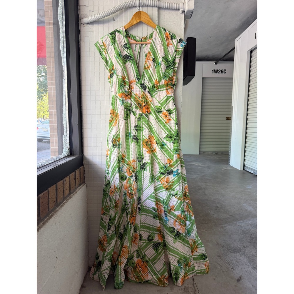 Maeve Anthropologie Maxi Dress 4 Green Floral Open Back Cap Sleeve - Picture 2 of 9